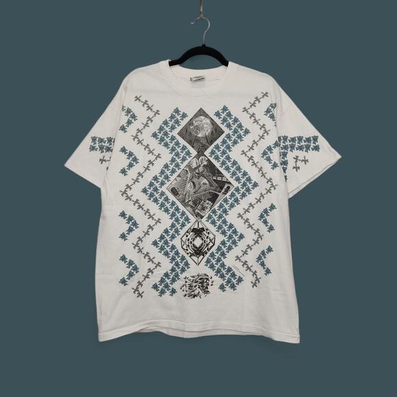 Vintage Andazia XL MC Escher Rare Double Sided Art All Over Print VTG White